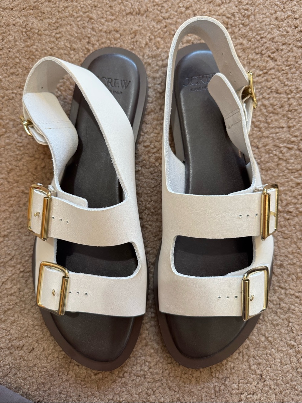 J. Crew White Leather Double-Buckle Slingback Sandals with Gold Hardware